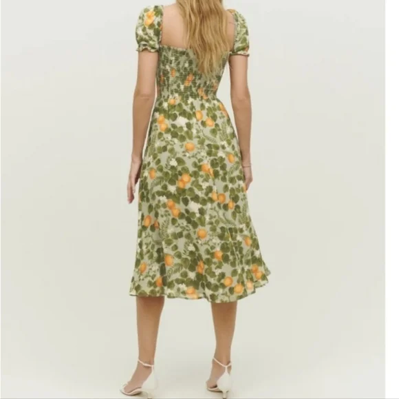 Reformation inka Floral Green and Orange Dress Drop Waist Sz Med - Picture 5 of 17